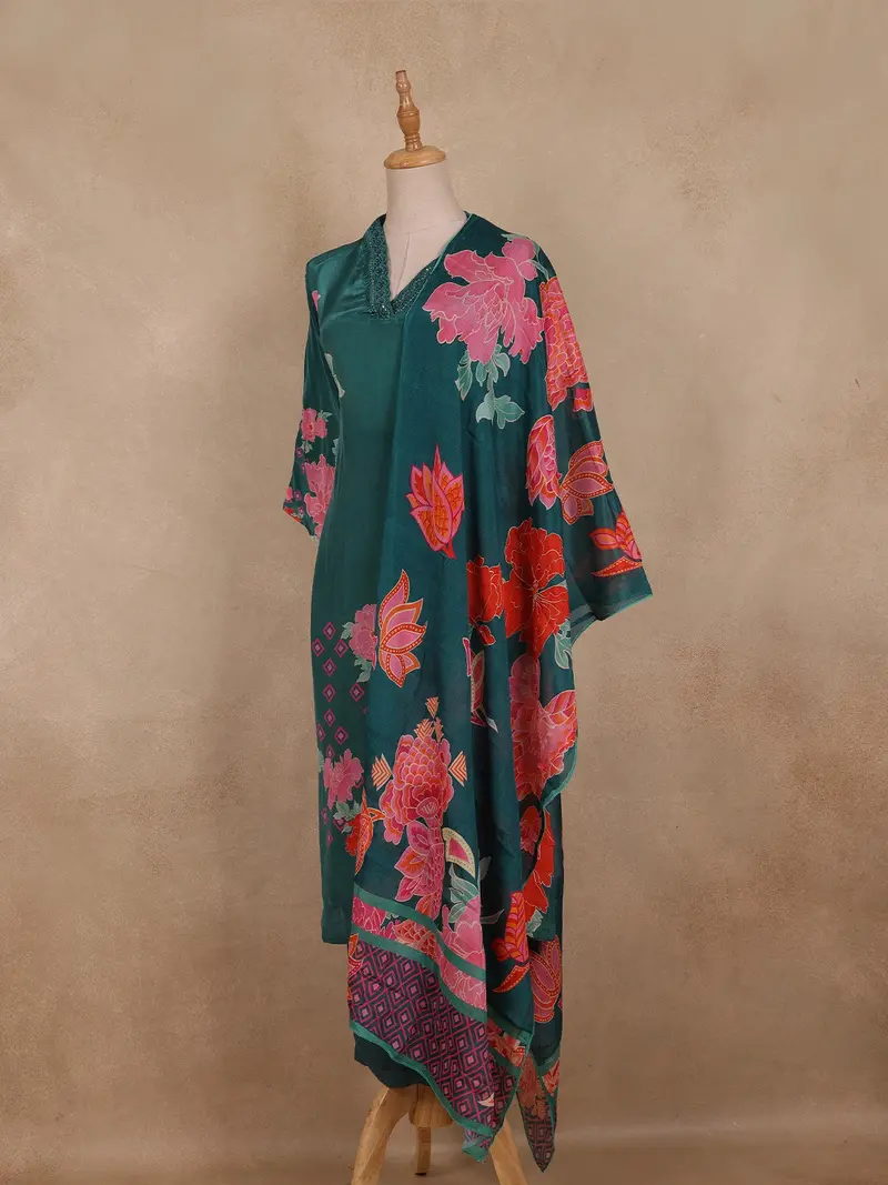 Teal Green Floral Printed Design Crepe Straight Cut Salwar Suit 3