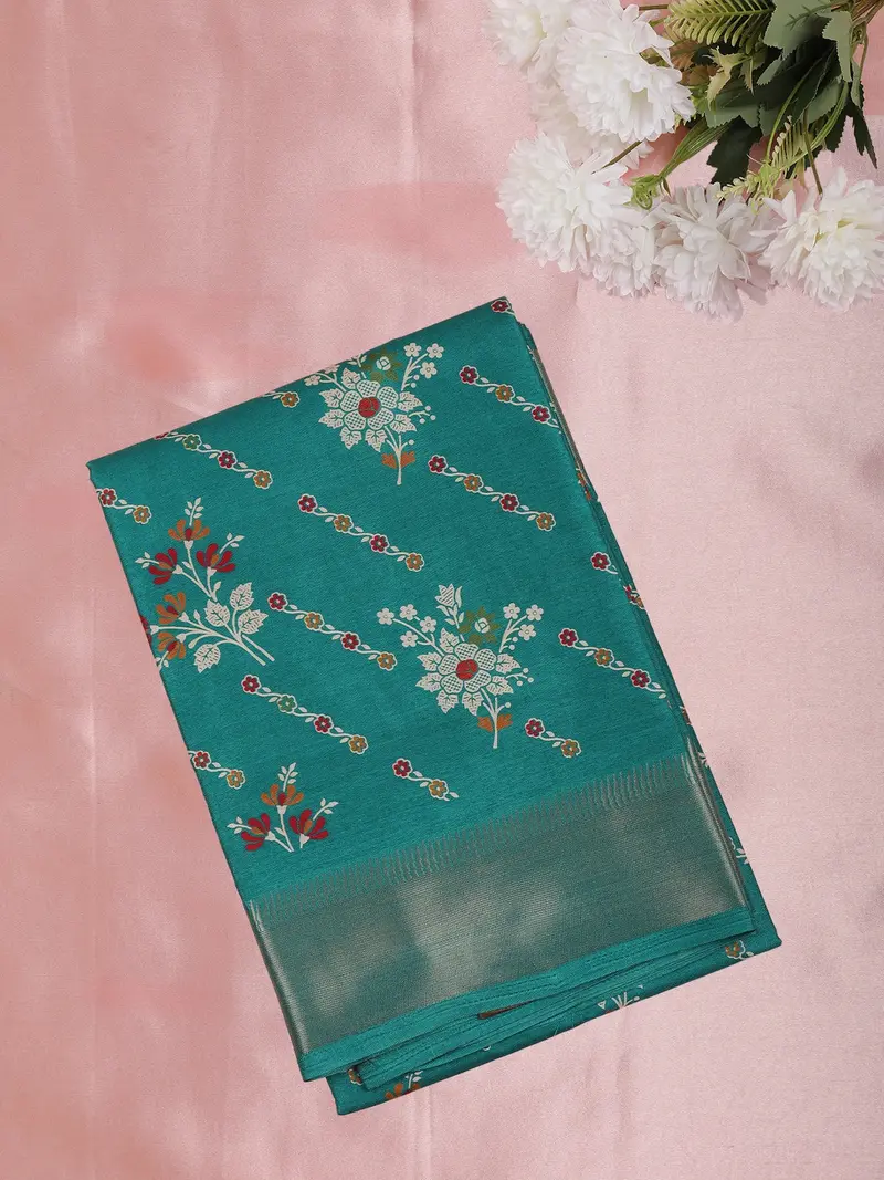 Teal Green Floral Printed Design Mixed Silk Cotton Fancy Saree With Zari Border 1