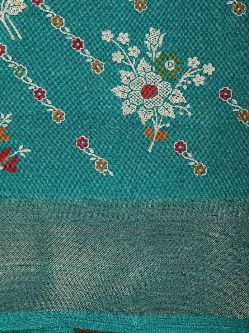 Teal Green Floral Printed Design Mixed Silk Cotton Fancy Saree With Zari Border 2