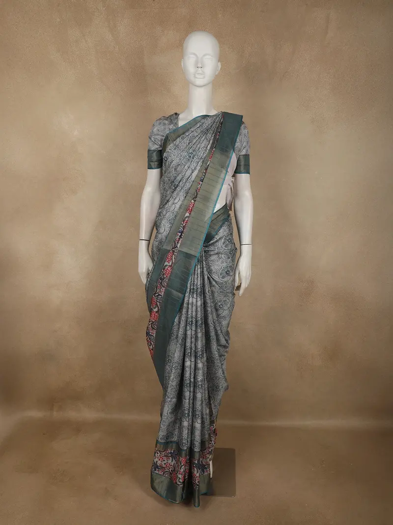 Teal Green Floral Printed Design Semi Tussar Saree 1