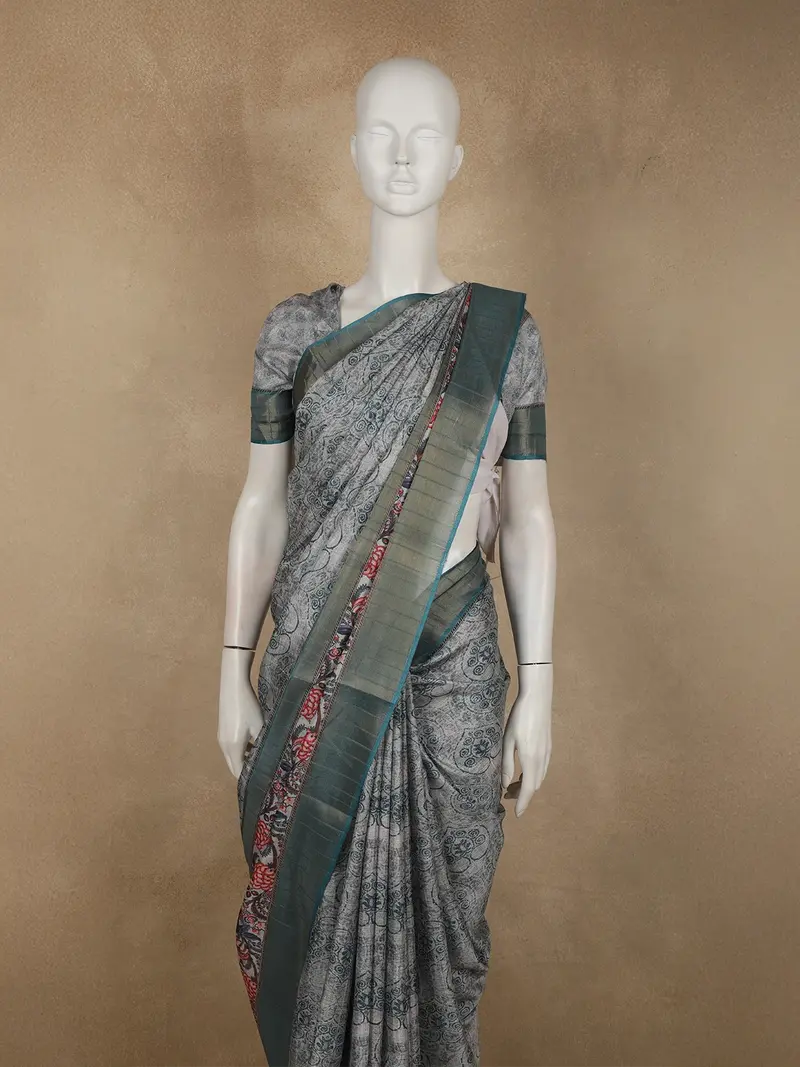 Teal Green Floral Printed Design Semi Tussar Saree 2