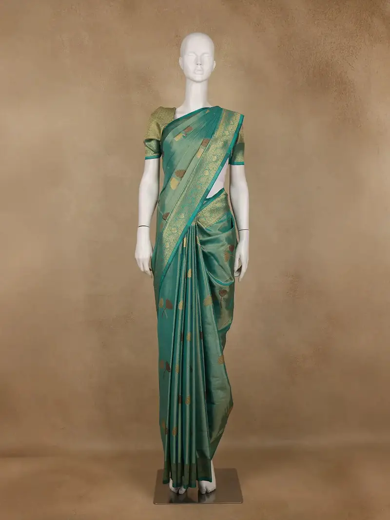 Teal Green Floral Printed Georgette Saree 1