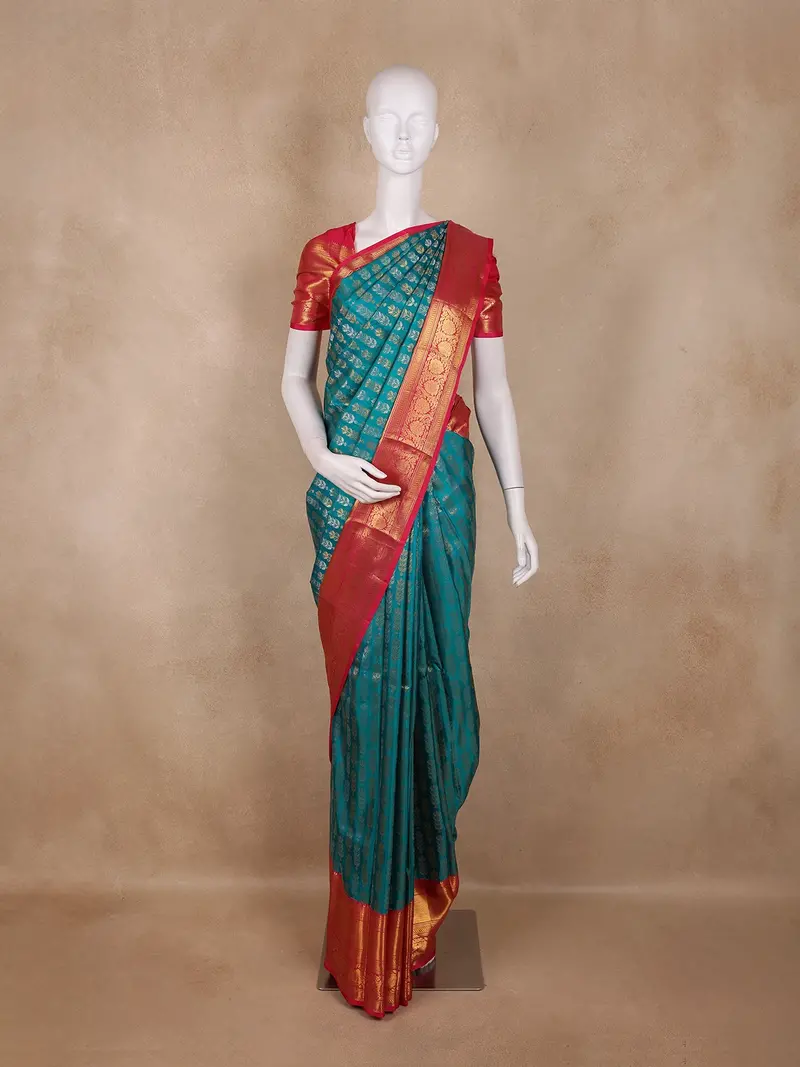 Teal Green Floral Woven Design Pure Kanchipuram Silk Saree With Contrast Pink Zari Border 1