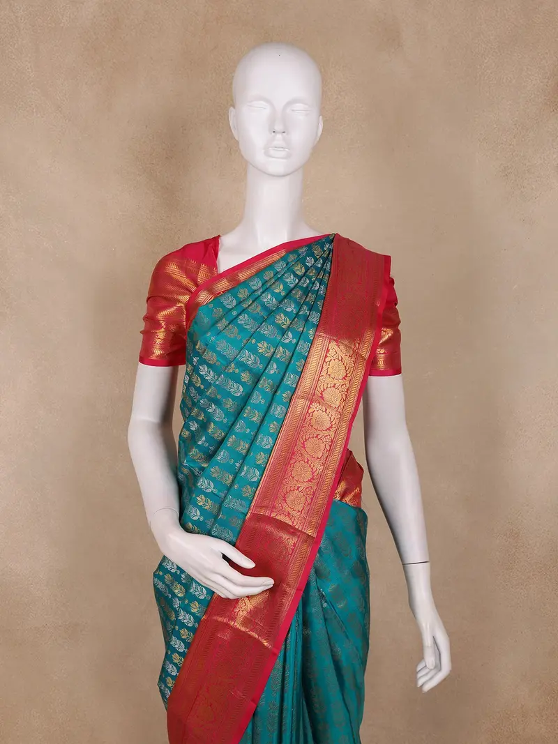 Teal Green Floral Woven Design Pure Kanchipuram Silk Saree With Contrast Pink Zari Border 2