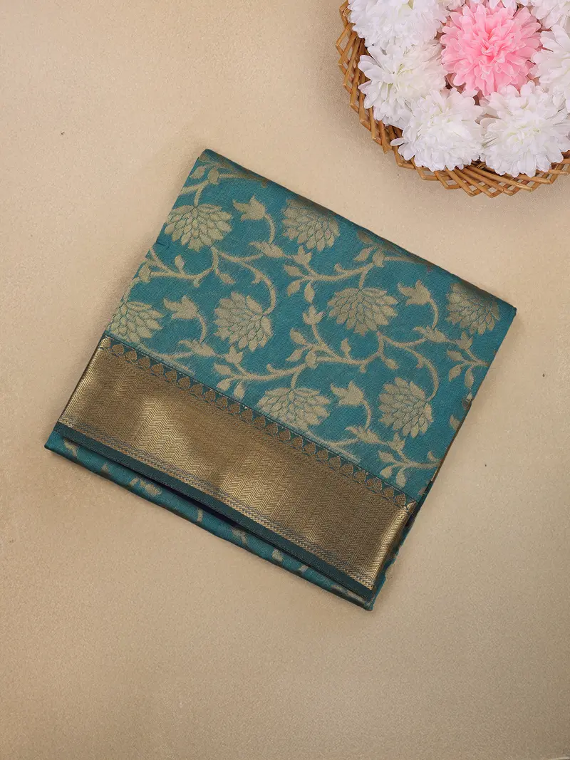 Teal Green Floral Woven Design Silk Cotton Saree With Contrast Border 1