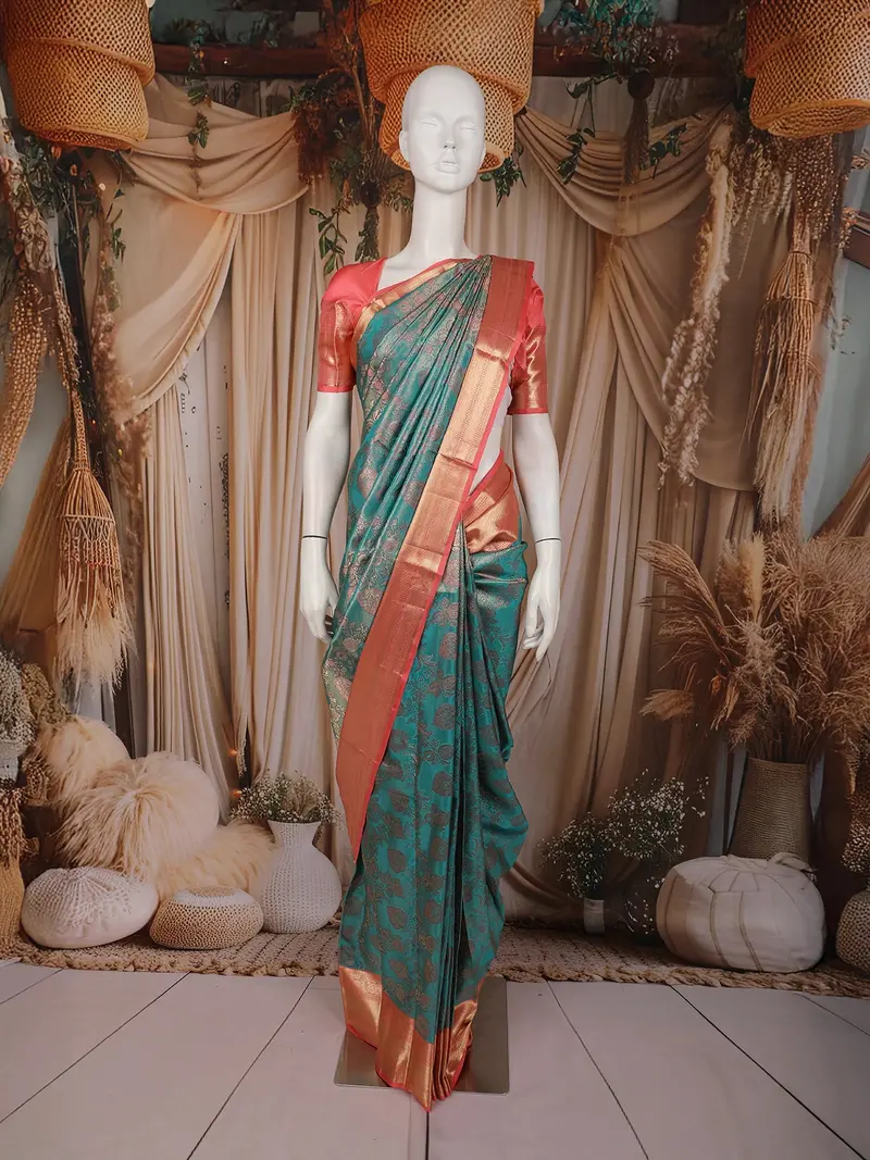 Teal Green Floral Woven Pure Kanchipuram Silk Saree With Zari Border 1