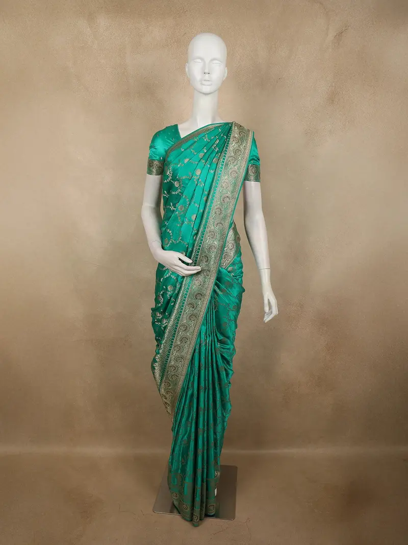 Teal Green Floral Zari Woven Design Banarasi Silk Designer Saree With Designer Border 1