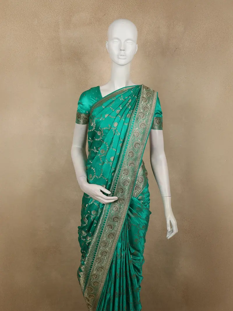 Teal Green Floral Zari Woven Design Banarasi Silk Designer Saree With Designer Border 2
