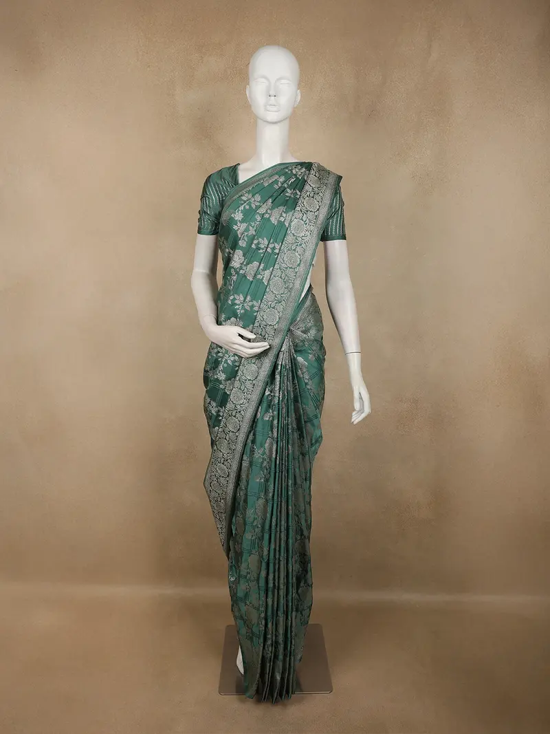 Teal Green Floral Zari Woven Design Pure Banarasi Silk Saree With Zari Border 1