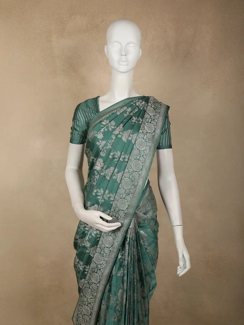 Teal Green Floral Zari Woven Design Pure Banarasi Silk Saree With Zari Border 2