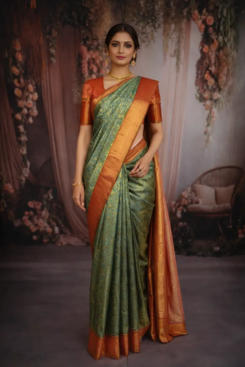 Teal Green Floral Zari Woven Design Pure Kanchipuram Silk Saree With Contrast Zari Border 1