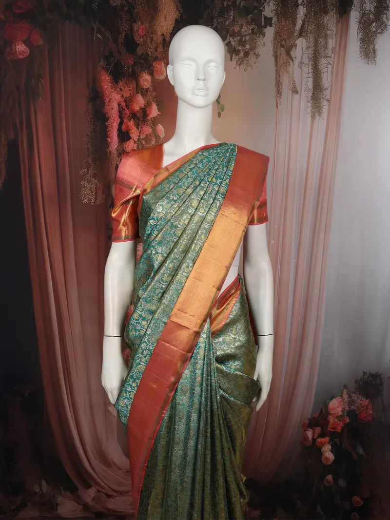 Teal Green Floral Zari Woven Design Pure Kanchipuram Silk Saree With Contrast Zari Border 2