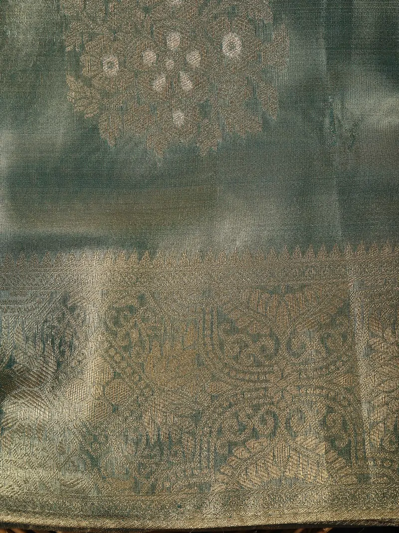 Teal Green Floral Zari Woven Design Tissue Silk Fancy Saree With Zari Border 2
