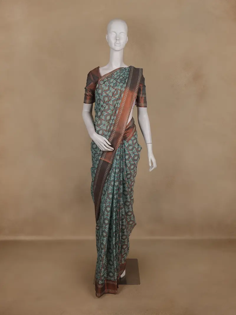 Teal Green Geometric Design Tussar Silk Saree 1