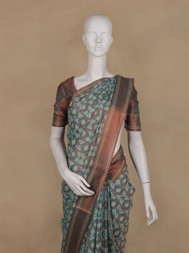 Teal Green Geometric Design Tussar Silk Saree 2