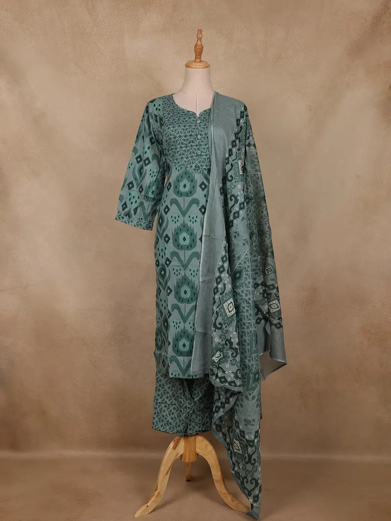 Teal Green  Geometric Printed Design Cotton Straight Cut Salwar Suit 1