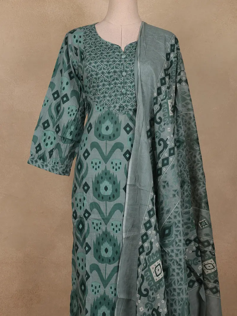 Teal Green Geometric Printed Design Cotton Straight Cut Salwar Suit 2