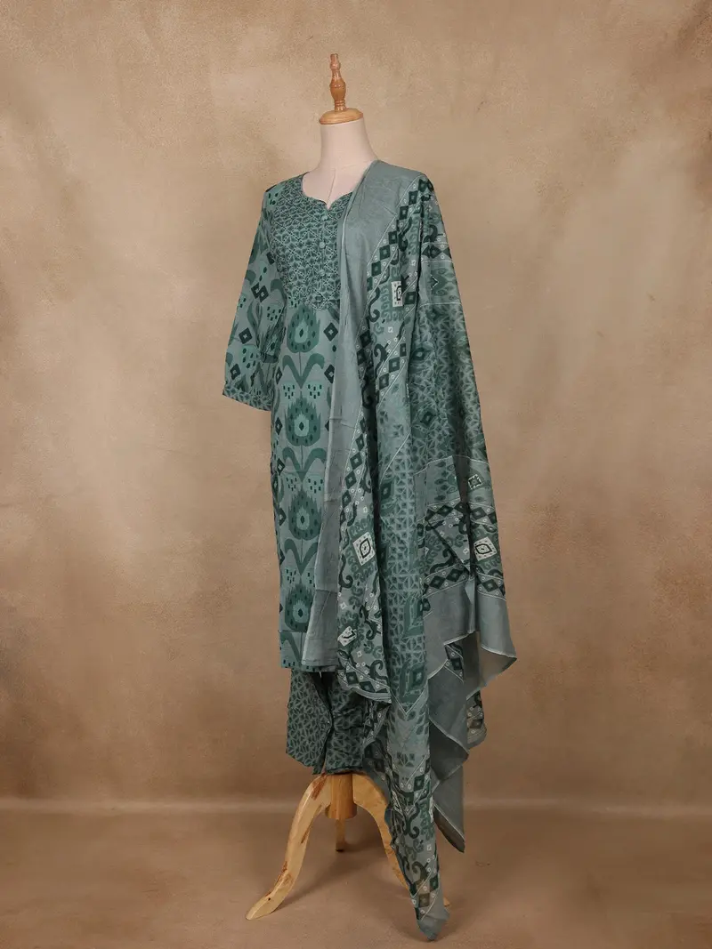 Teal Green Geometric Printed Design Cotton Straight Cut Salwar Suit 3