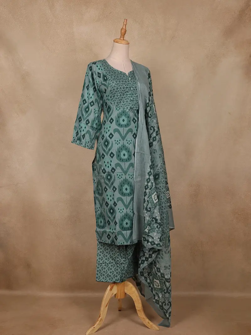 Teal Green Geometric Printed Design Cotton Straight Cut Salwar Suit 4