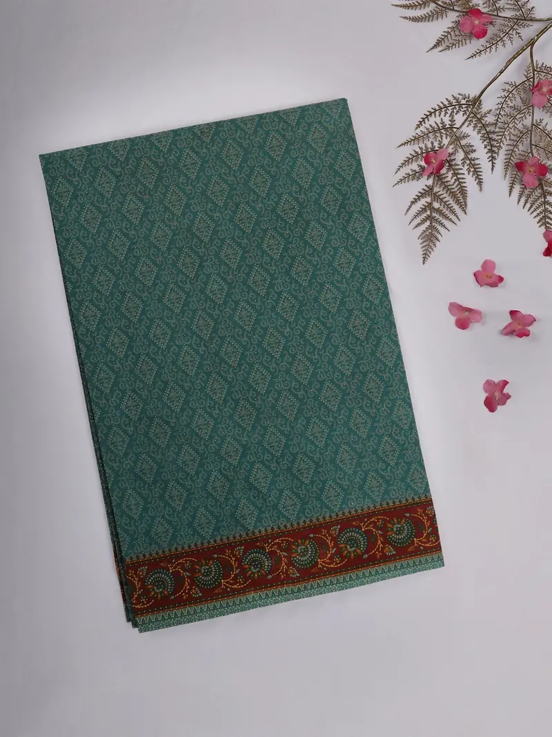 Teal Green Geometric Printed Design Karishma Cotton Saree 1