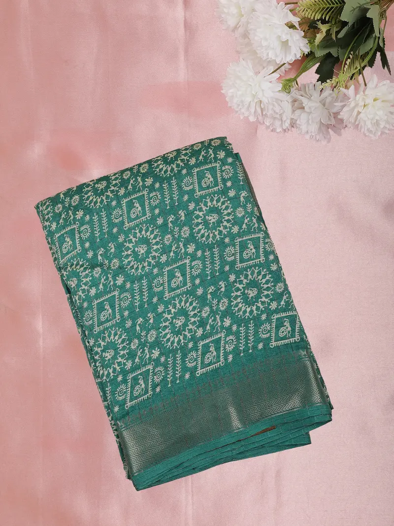 Teal Green Geometric Printed Design Mixed Silk Cotton Fancy Sare 1