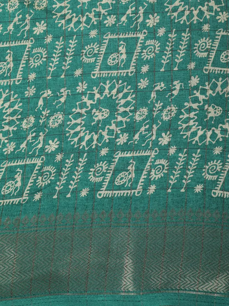 Teal Green Geometric Printed Design Mixed Silk Cotton Fancy Sare 2