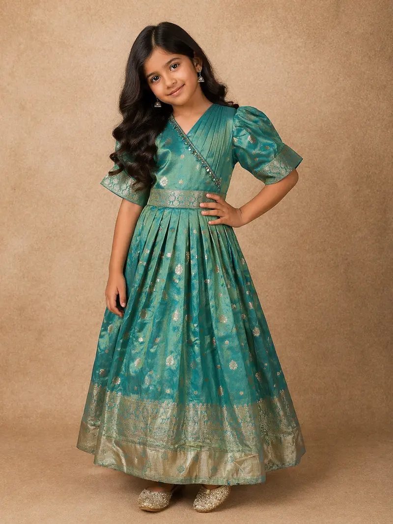 Teal Green Gold Butta Woven Design Banarasi Party Wear Kids Gown 1
