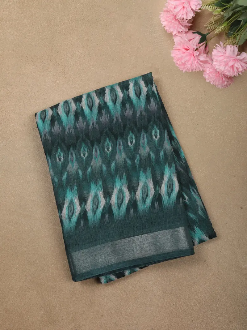 Teal Green Ikat Printed Design Linen Cotton Casual Wear Saree 1