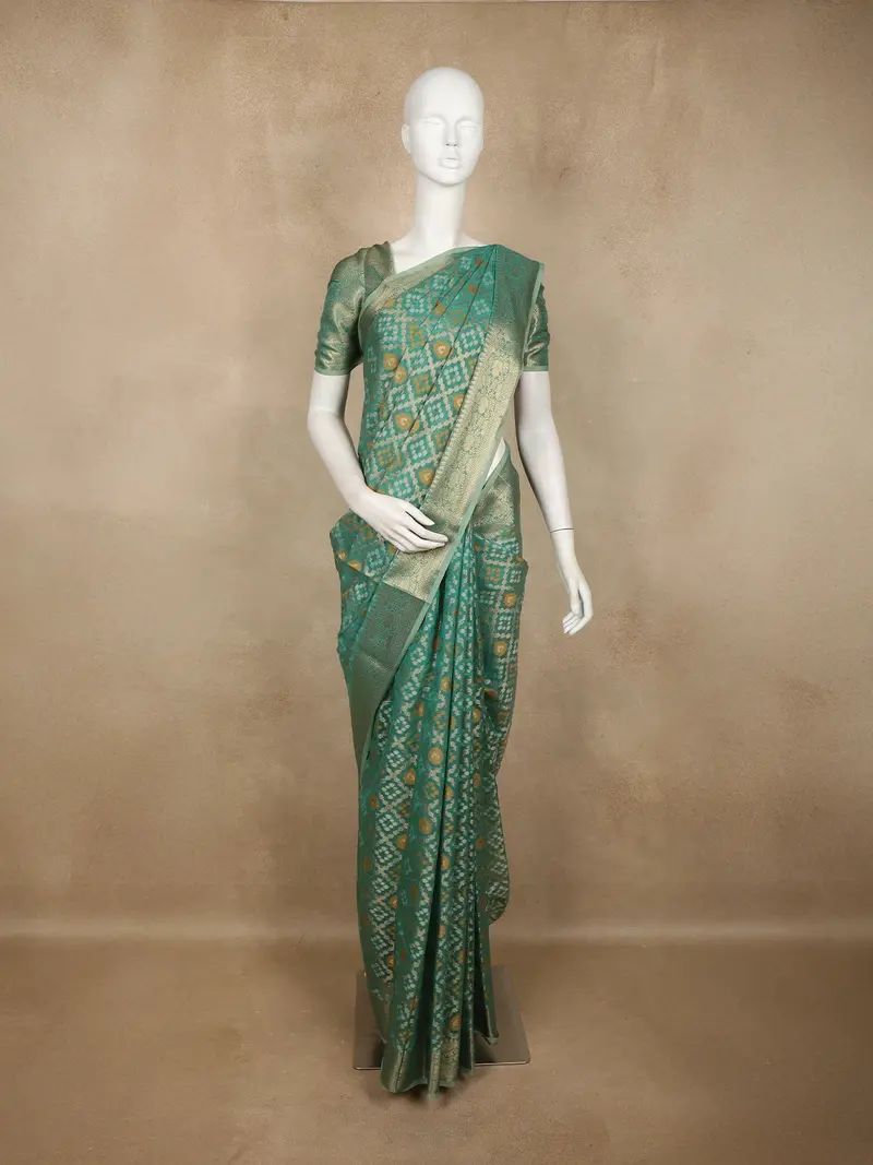 Teal Green Ikat-Style Woven Design Silk Cotton Saree With Gold Zari Border 1