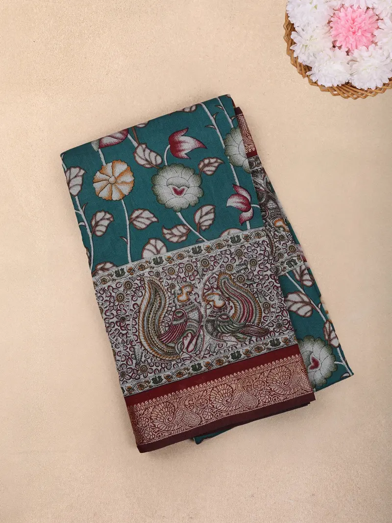 Teal Green Kalamkari Floral And Peacock Printed Chanderi Cotton Saree With Maroon Zari Border 1