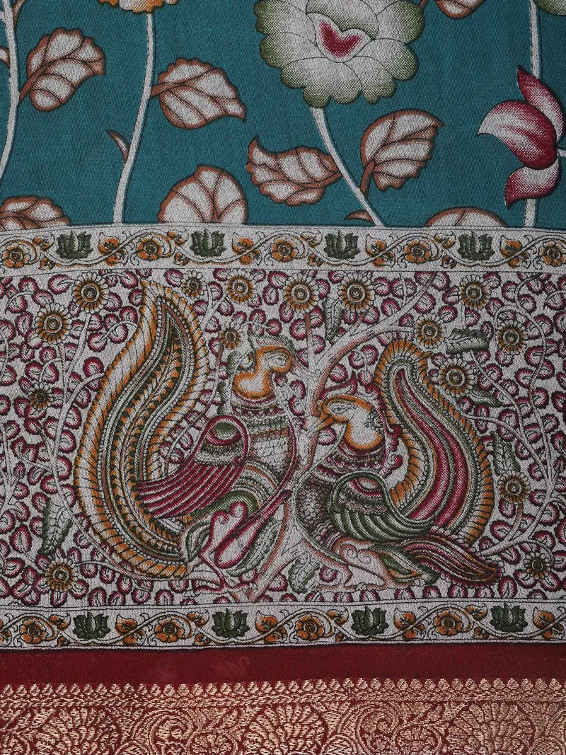 Teal Green Kalamkari Floral And Peacock Printed Chanderi Cotton Saree With Maroon Zari Border 2