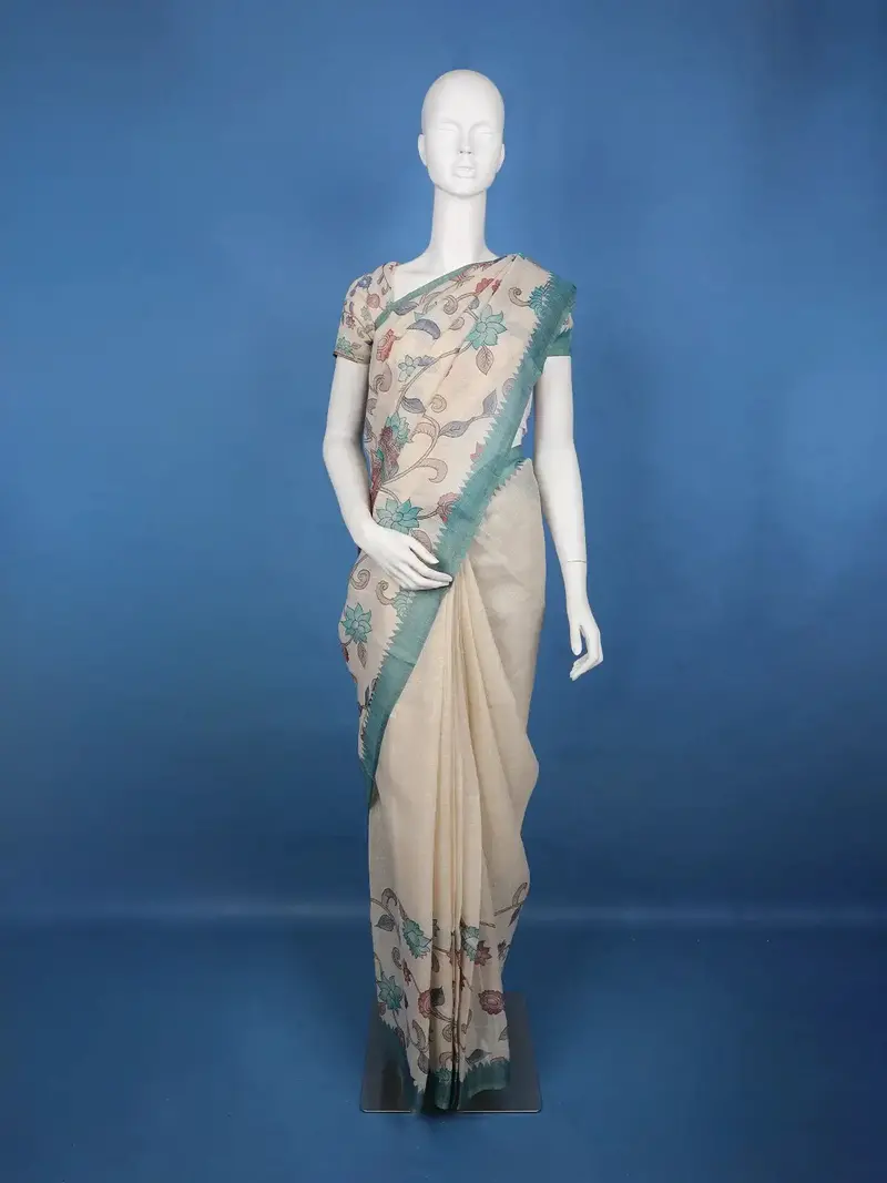Teal Green Kalamkari Inspired Floral Printed Cotton Saree 1