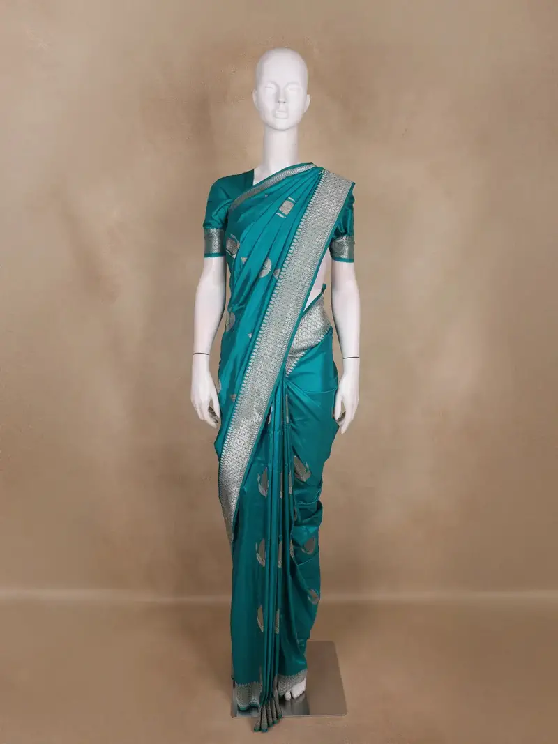 Teal Green Leaf Motif Design Pure Banarasi Saree 1