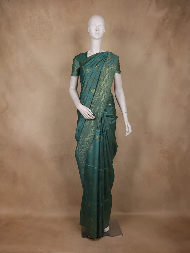 Teal Green Leaf Motif Woven Tussar Silk Saree 1