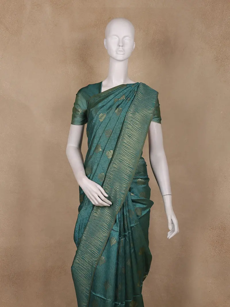 Teal Green Leaf Motif Woven Tussar Silk Saree 2