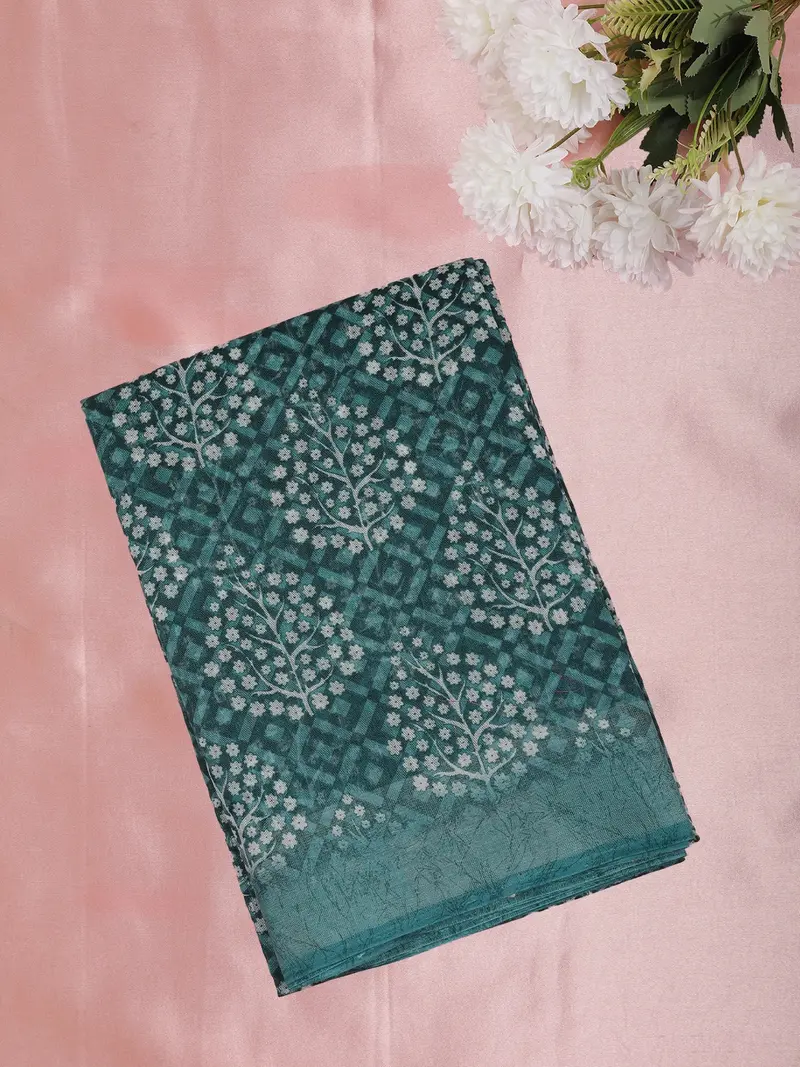Teal Green Leaf Printed Design Mixed Cotton Saree 1