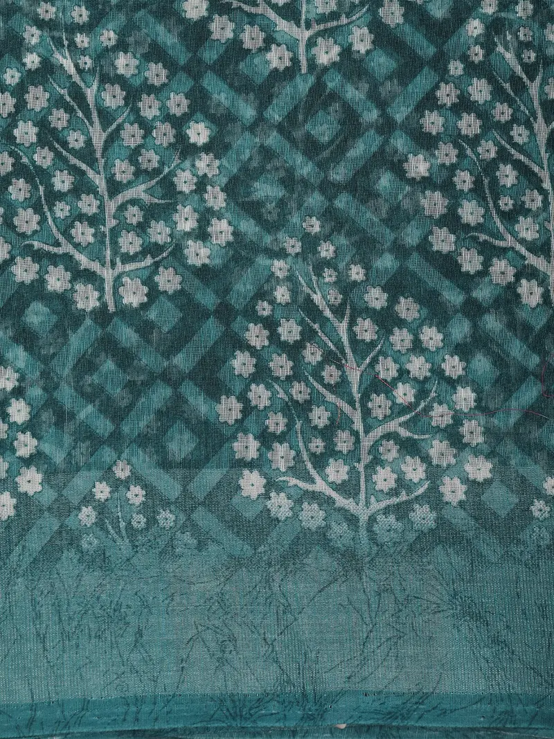 Teal Green Leaf Printed Design Mixed Cotton Saree 2