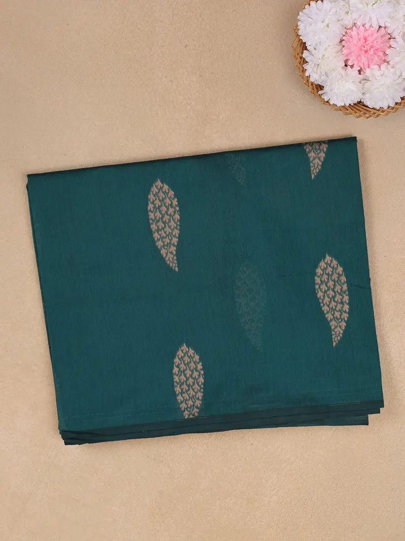 Teal Green Leaf Woven Design Cotton Saree With Self Border 1