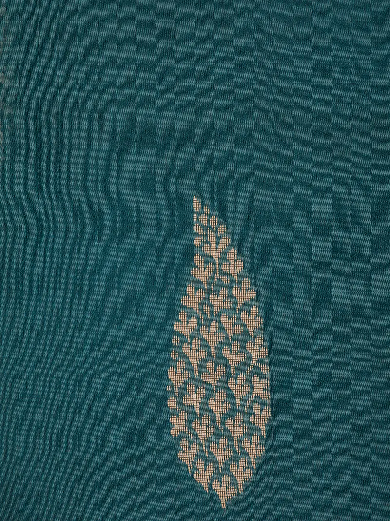 Teal Green Leaf Woven Design Cotton Saree With Self Border 2