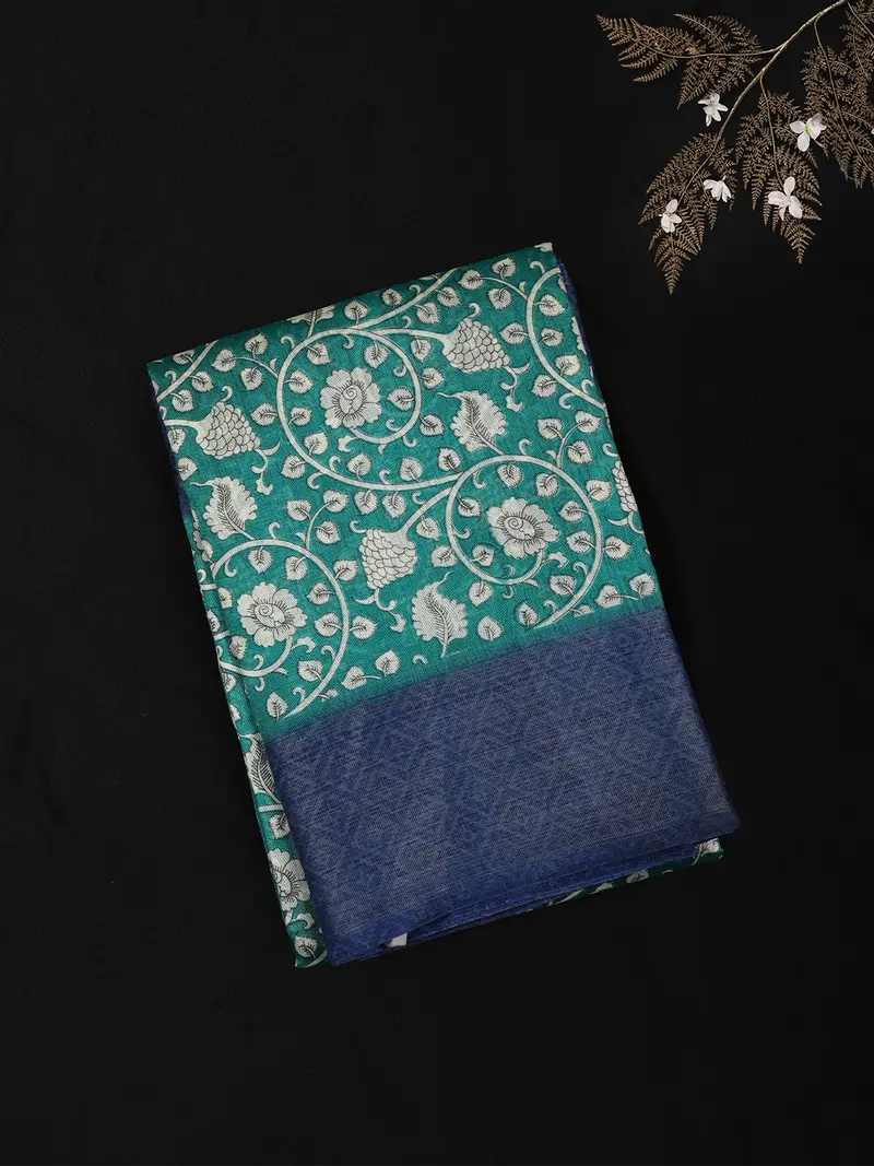Teal Green Mandhani Printed Design Blended Cotton Saree With Contrast Border 1