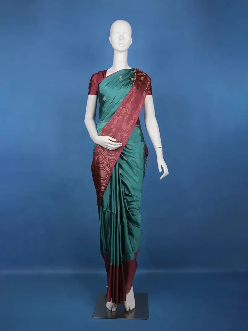 Teal Green Maroon Zari Woven Silk Saree 1
