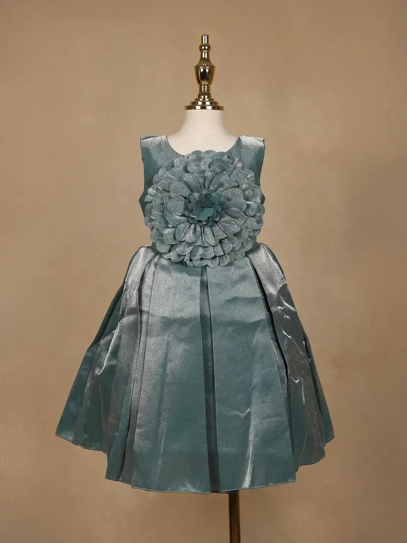 Teal Green Metallic Shine Party Frock With Oversized Glitter Floral Embellishment 1