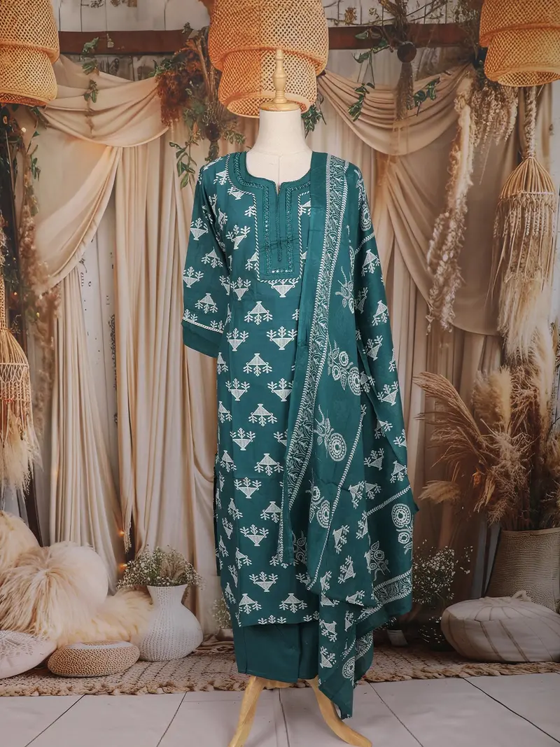 Teal Green Motif Printed Cotton Salwar Suit With Dupatta 1