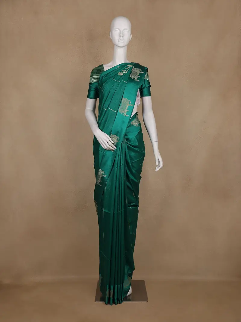 Teal Green Obstacle Design Woven Semi Tussar Saree 1
