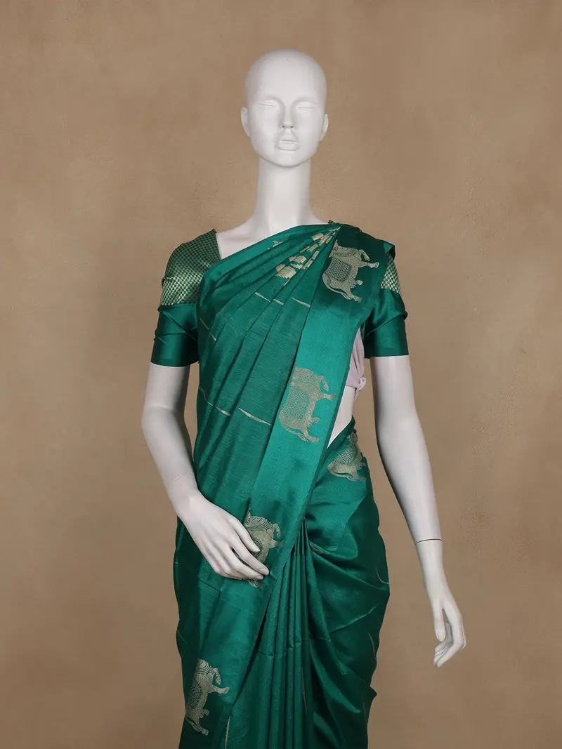 Teal Green Obstacle Design Woven Semi Tussar Saree 2