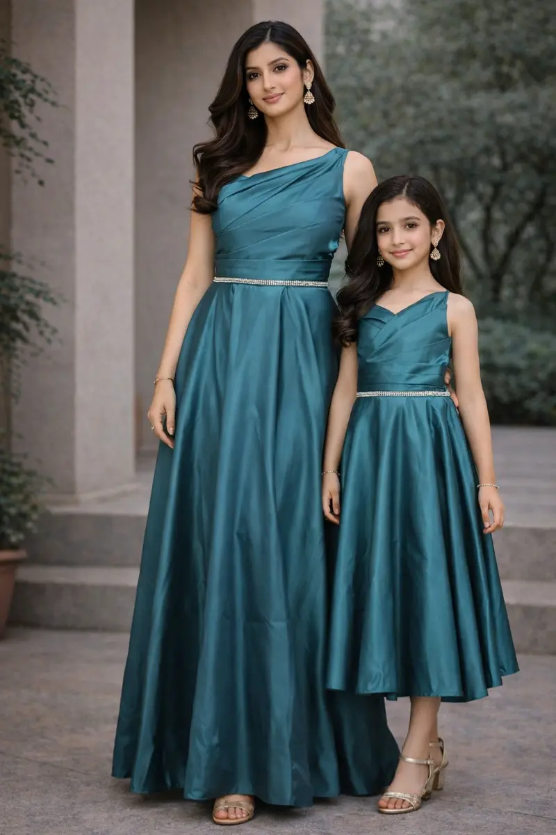 Teal Green Organza Party Wear Gowns For Mother & Daughter 1