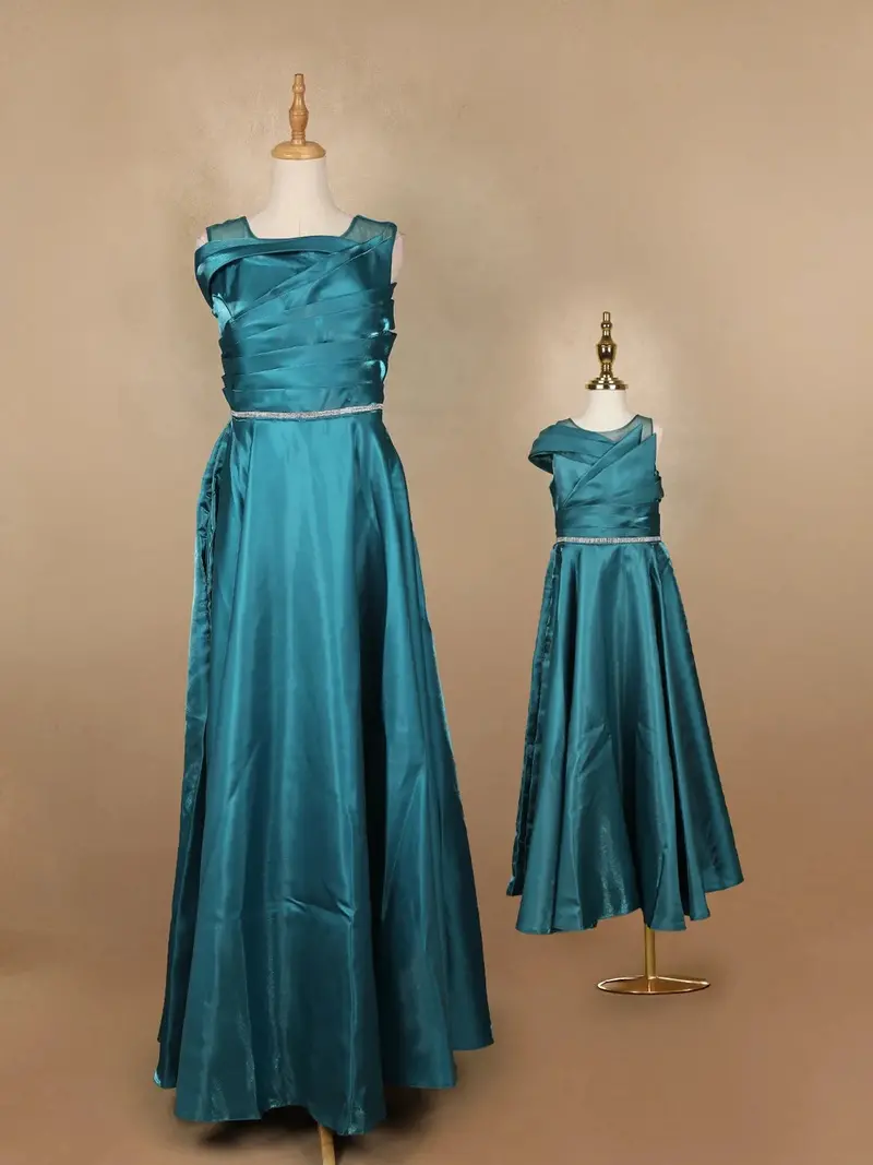 Teal Green Organza Party Wear Gowns For Mother & Daughter 2