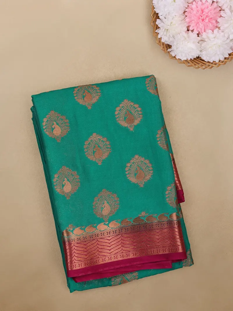 Teal Green Paisley Woven Mysore Silk Saree With Contrast Border 1