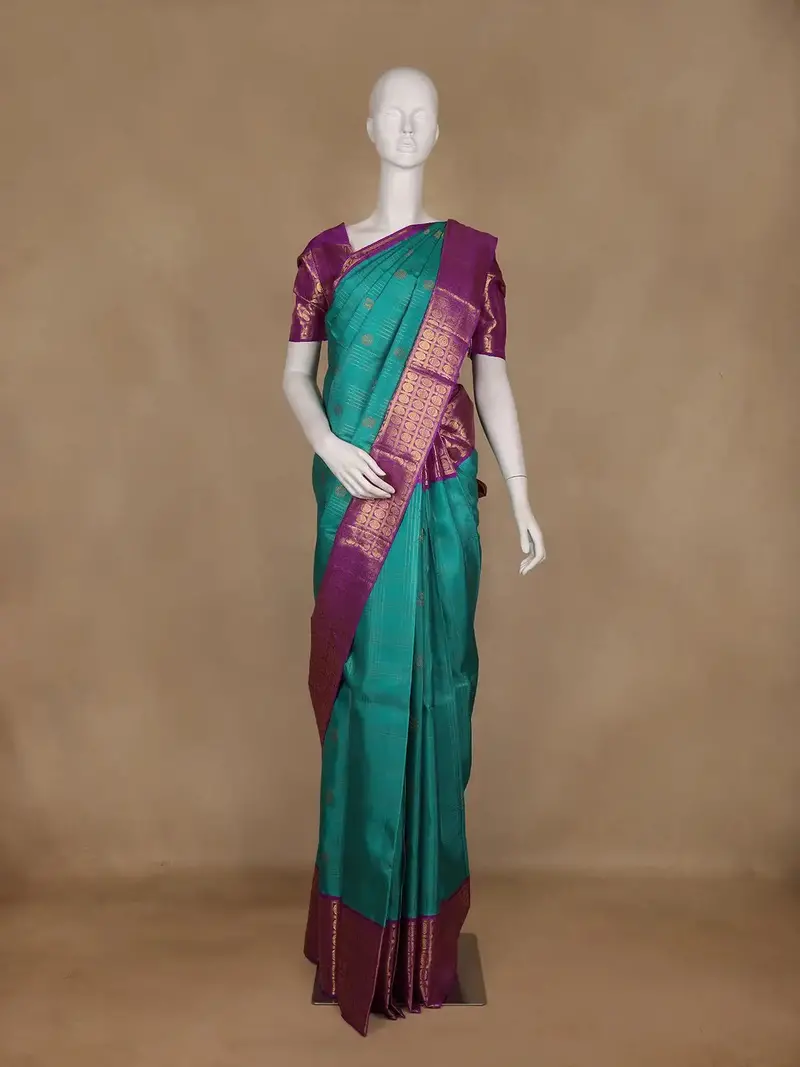 Teal Green Peacock Motif Woven Pure Kanchipuram Silk Saree 1