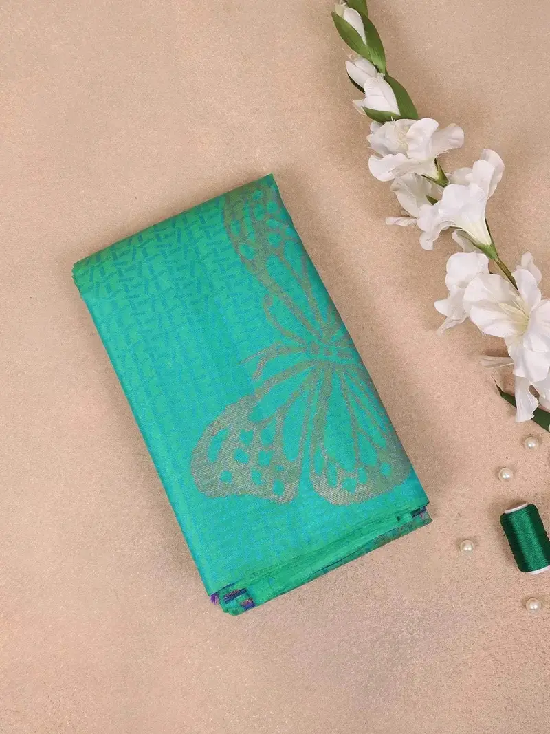 Teal Green Pure Kanchipuram Bridal Silk Saree With Butterfly Design On The Body With Zari Border 1